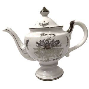 Vintage Happy Anniversary Teapot with Lid Wedding Porcelain White Silver Bells